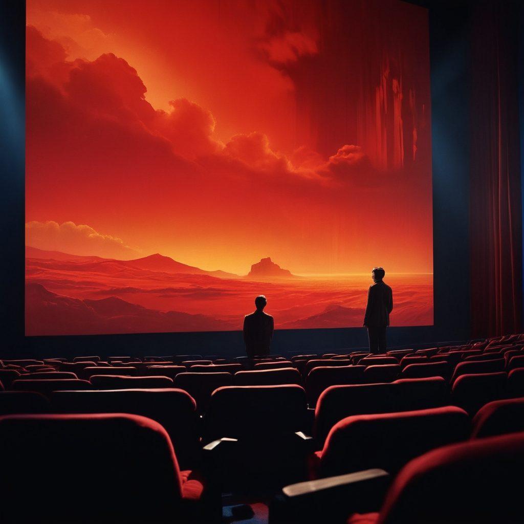 A deep cinematic scene depicting a lone figure sitting in a dimly lit theater, reflecting on a film playing on the screen, with shadows and light creating a dramatic atmosphere. The background should feature abstract visuals representing the tumultuous emotions of the film, intertwined with flickering film reels. Emphasize the contrast between light and dark, and capture a sense of introspection. super-realistic. dramatic lighting. vibrant colors.