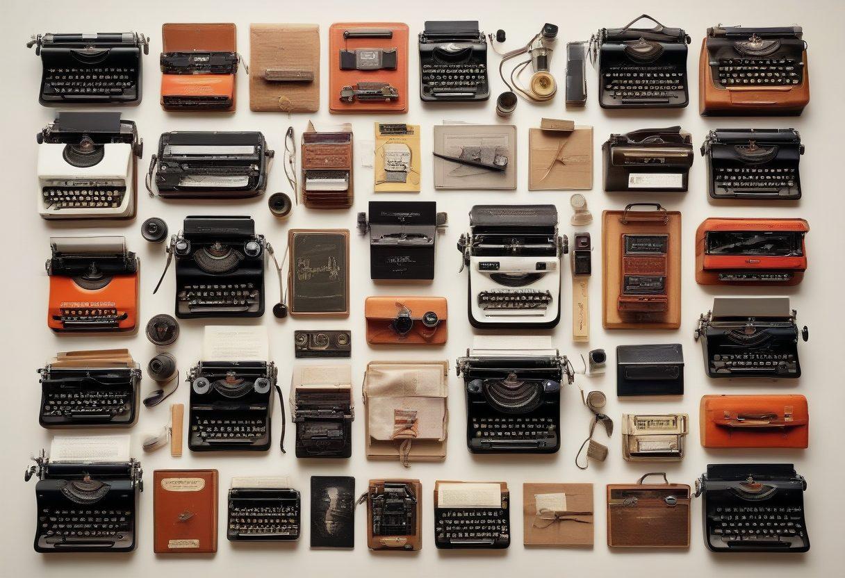 A collage of independent film clapperboards, vintage typewriters, and emotional scenes depicting diverse people storytelling in various settings, evoking deep feelings. Include symbolic elements like heartstrings and glowing light bulbs to represent ideas. The background should fade into a blend of warm, inviting colors to reflect creative warmth and emotional depth. super-realistic. vibrant colors. white background.