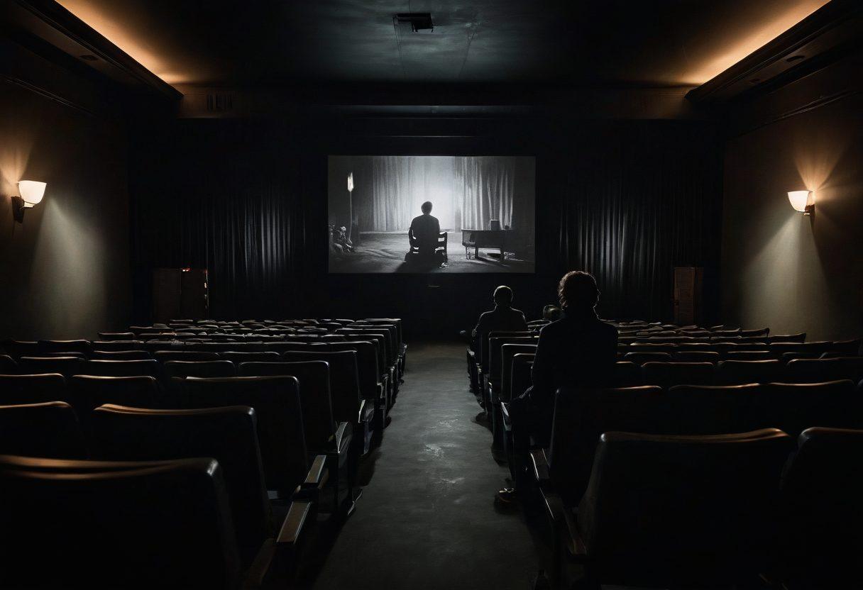 A dark, moody cinema setting with a vintage projector casting soft light onto a screen displaying a scene from a melancholic film. Include a lone viewer sitting in the foreground, their expression reflecting deep contemplation. The background should feature dimly lit rows of empty seats, emphasizing the solitude and introspection commonly found in poignant stories. Shadowy scenes from classic films subtly blended into the walls. super-realistic. muted colors. cinematic atmosphere.